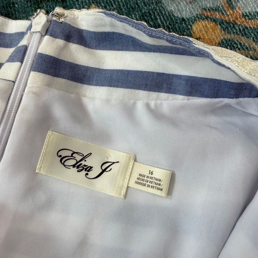 Eliza J Dress 16 Blue White Stripe Nautical Gold V Neck Cotton Mini Tunic short - Picture 11 of 16